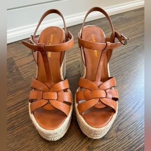 Saint Laurent Espadrille 85 Brown Ankle Strap Platform Wedge Sandal - Sz 38